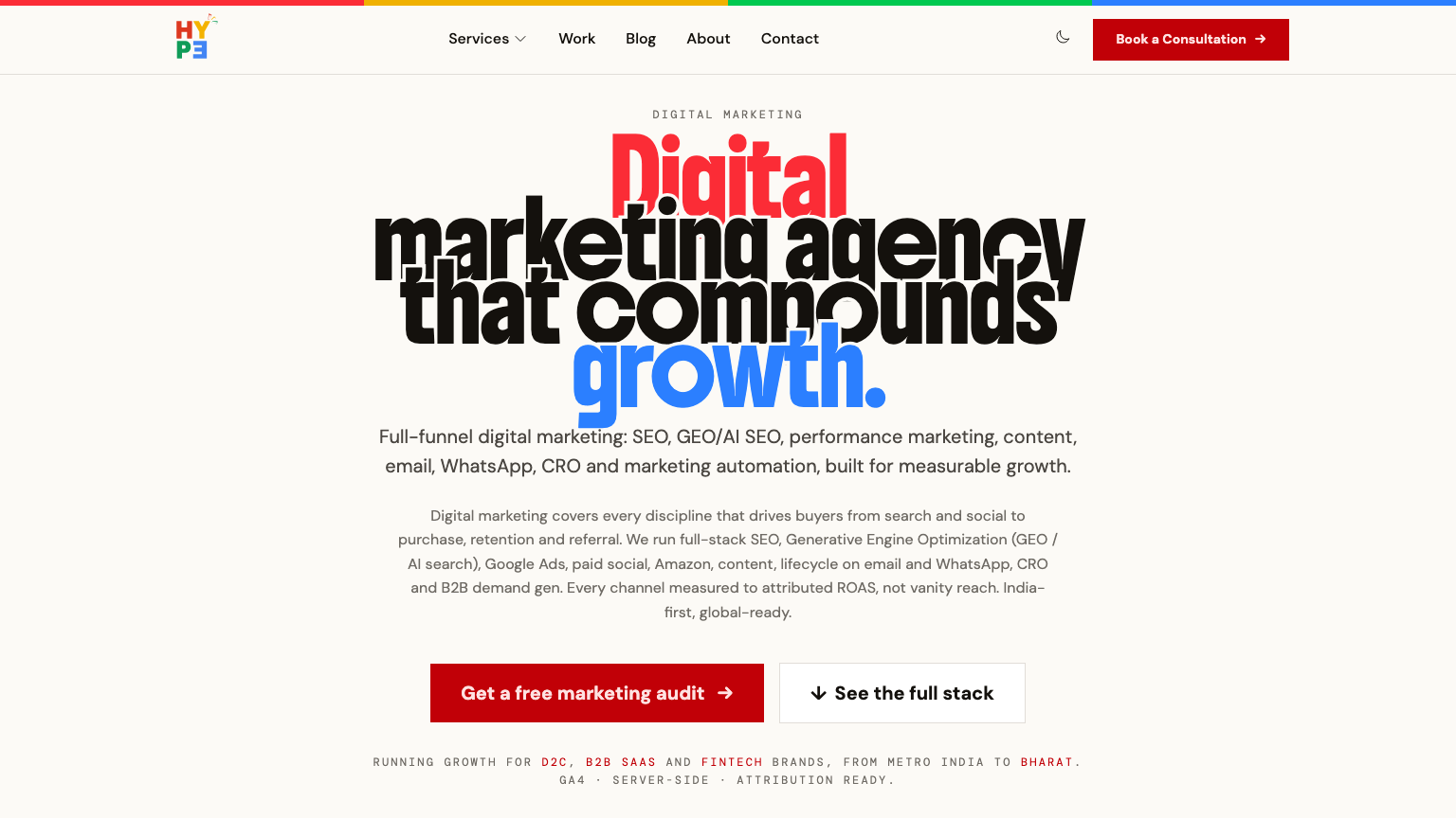 A Hype service page — each pillar page inherits its own signal colour from the shared design-token system