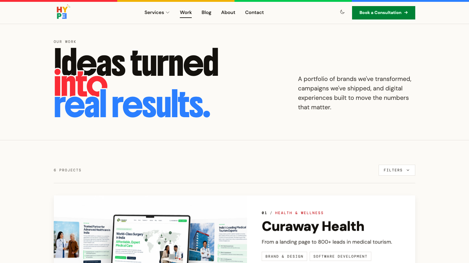 Hype portfolio index — client work presented as outcomes rather than screenshots