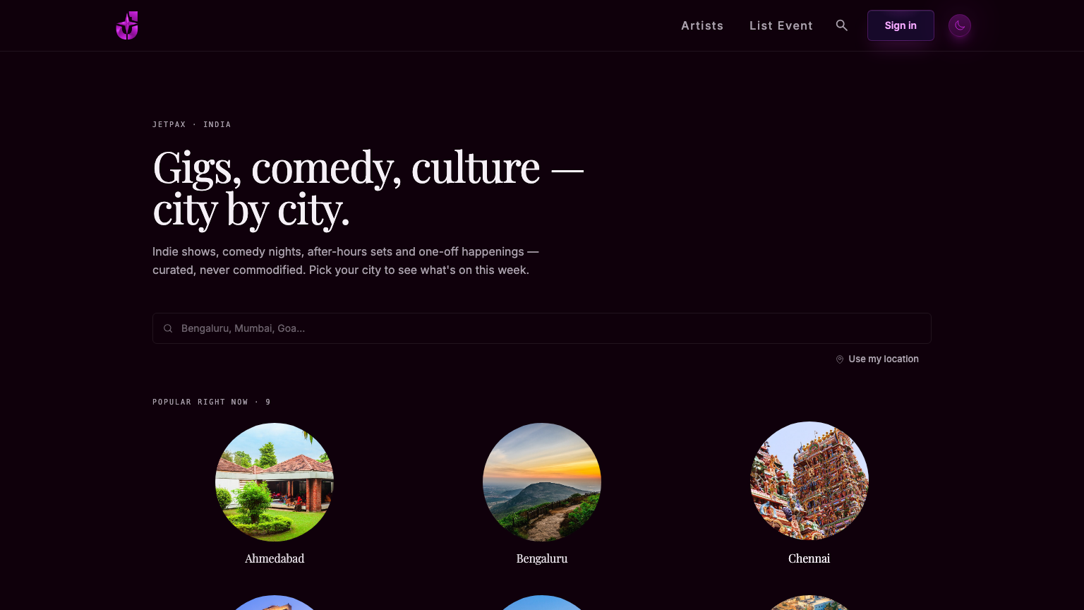 JetPax attendee app — city-based event discovery across 300+ Indian cities