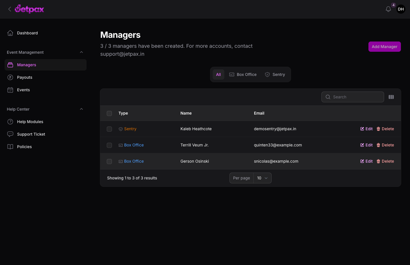 JetPax host portal — team management with scoped, role-based access