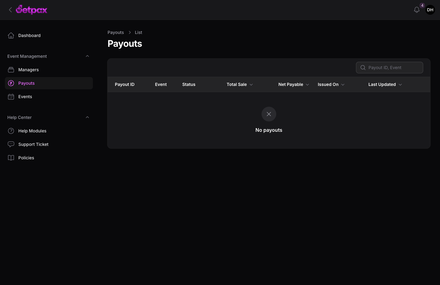 JetPax host payouts — the operator register: dense sans, sortable columns, no editorial styling