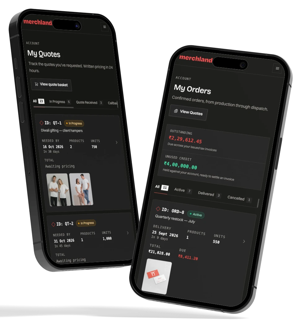 A buyer's quotes and orders on Merchland — Diwali client hampers for 750 units by 16 October, and a quarterly restock of 550 units due 25 September, each against a needed-by date and a unit count
