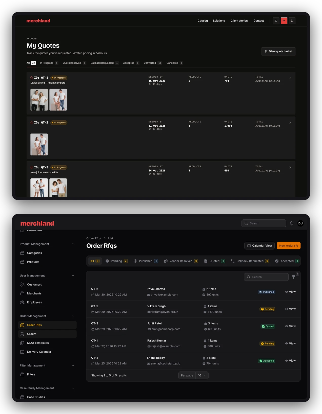 The same requests from both sides of Merchland — the buyer's quotes moving through in progress, quote received, accepted and converted, and behind it the operations view of the same rows as pending, published, vendor resolved, quoted and accepted
