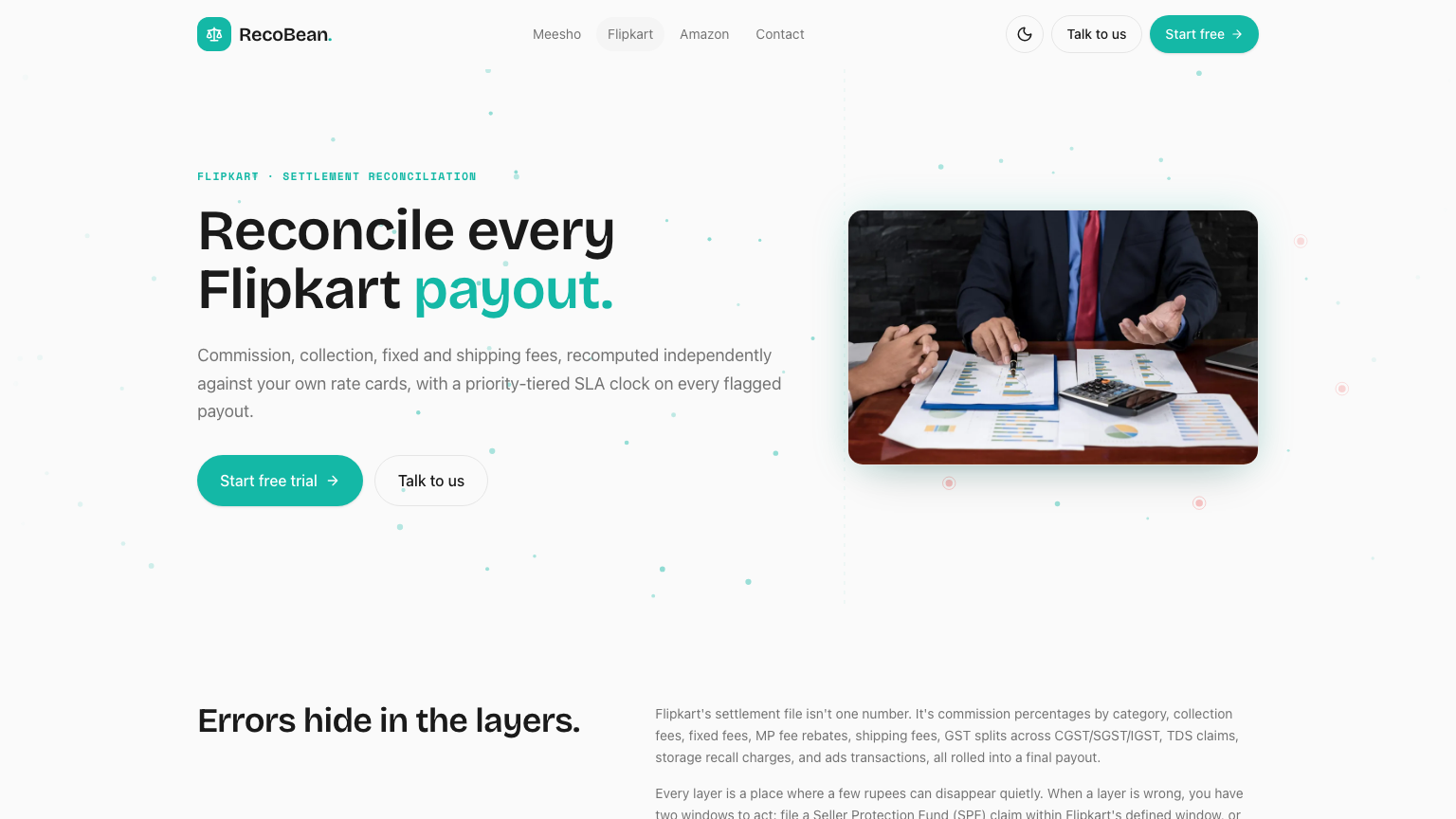RecoBean's Flipkart payout audit — commission, collection, fixed and shipping fees recomputed against the seller's own rate card