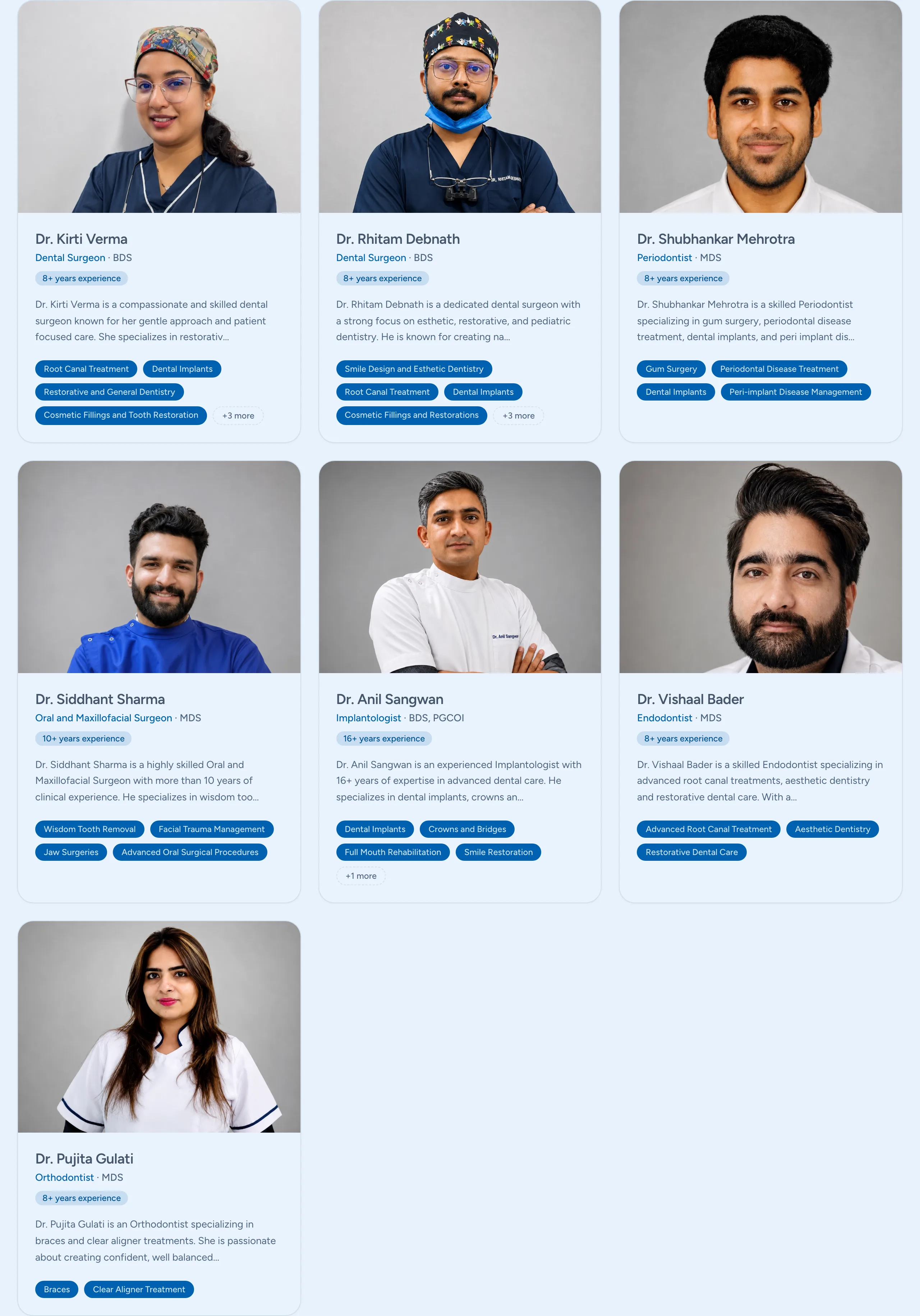 All seven Tooth Print dentists in one grid — each card carrying a portrait, the specialisation, years in practice and the treatments that dentist covers
